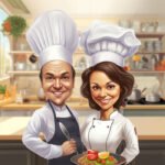 caricature of a cook and a cook in the kitchen, a personalized caricature with a custom background