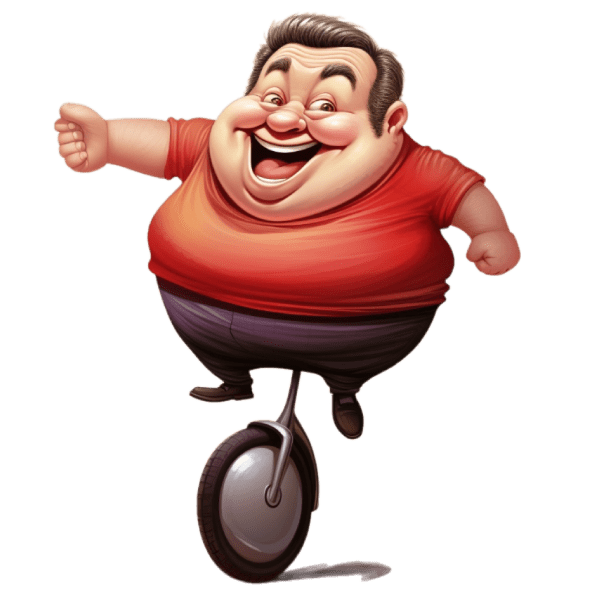 Caricature of a fat man in an orange t-shirt on a unicycle - a fun fully personalized caricature according to your photo