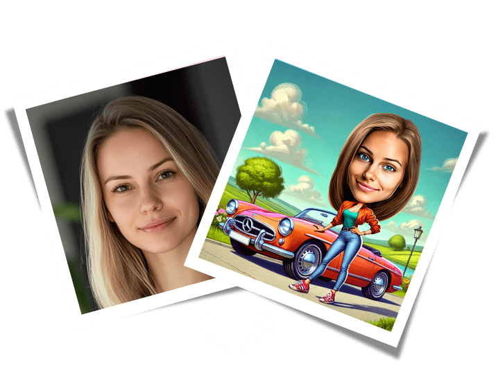 Before/After Caricature Drawing Portrait of Girl in front of Red Vintage Car