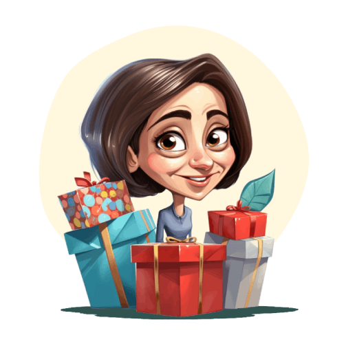 caricature illustration of woman with a lot of gifts and yellow background