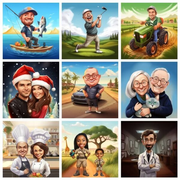 caricature collage, collage of 9 personalized caricature samples