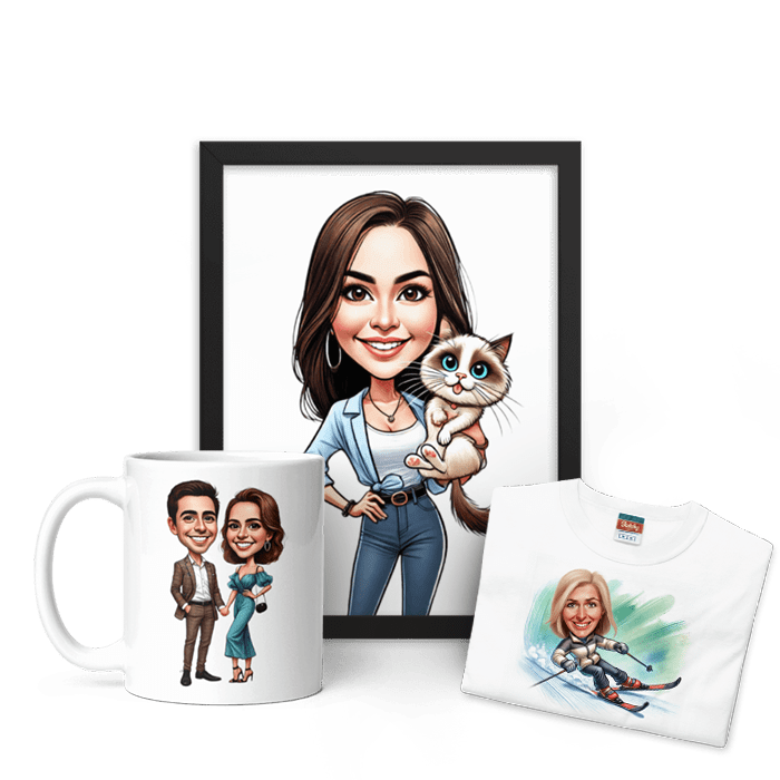 Personalized Caricature Poster, Mug and T-Shirt Products