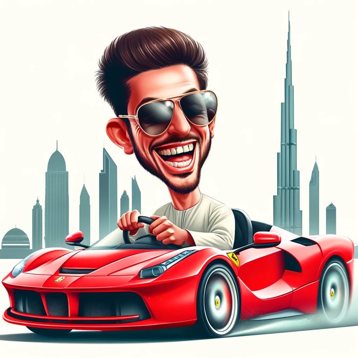 Man in a red Ferrari car in Dubai.