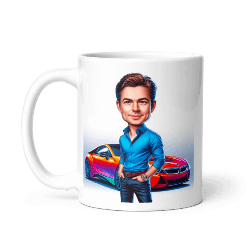 man in front of his red luxury car caricature drawing printed on white mug