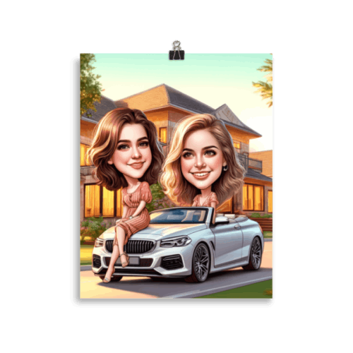 caricature drawing of girlfriends in luxury cabriolet car in front of big house printed on a poster