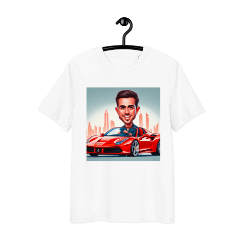 bighead caricature drawing of man driving luxury red ferrari car, printed on white t-shirt gift