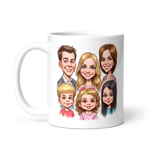 11oz personalized white mug with printed personalized family caricature portrait