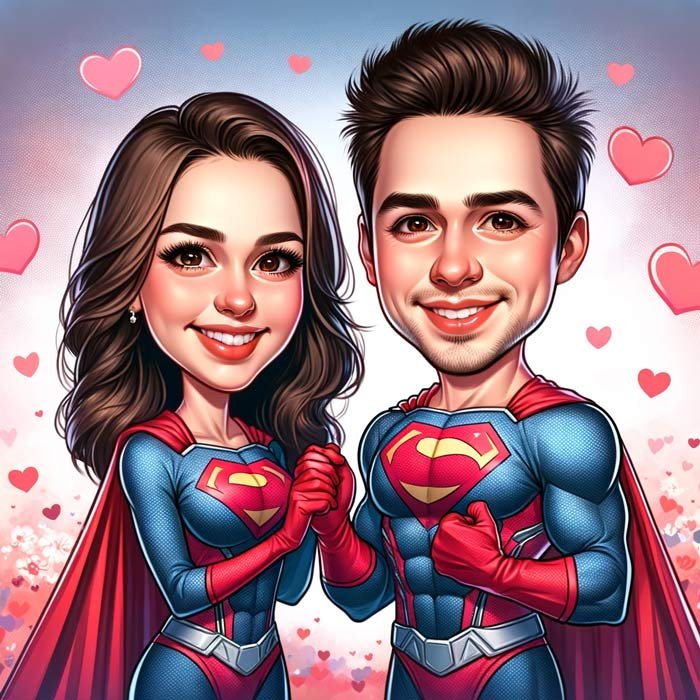 A couple of superheroes with hearts in the background