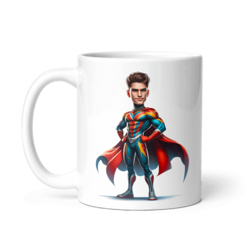 Superhero caricature of guy printed on a 11oz white mug