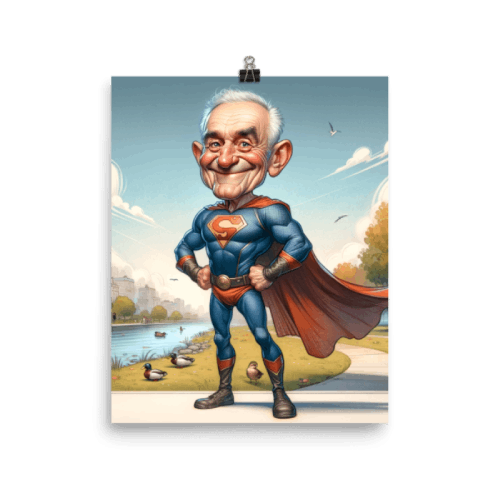 Grandpa as a superhero caricature drawing with custom background, printed on a poster