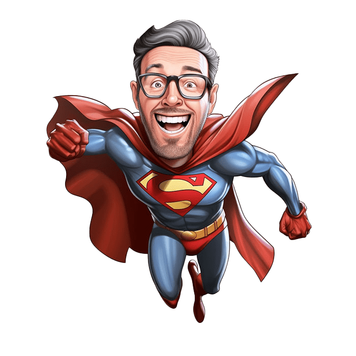 superhero caricature drawing of man with glasses in superhero flying pose