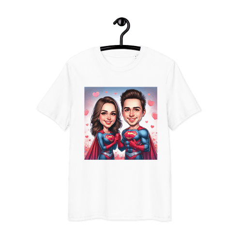 superhero couple caricature drawing portrait on a t-shirt