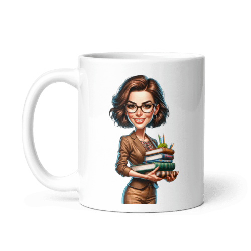 Woman teacher caricature printed on a white mug - personalized teacher gift