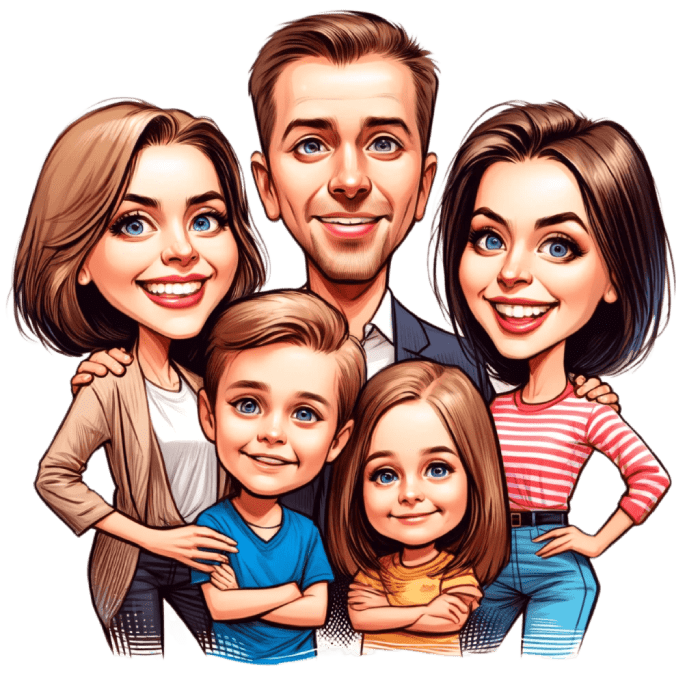 Family of 5 Caricature Portrait Drawing