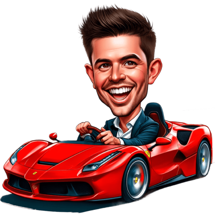 Guy Driving a Red Ferrari Car Caricature Drawing Gift