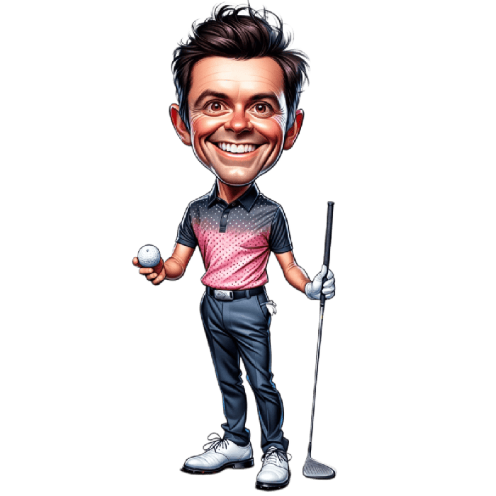 Golfer Caricature Drawing, in Golfing Suit Holding Ball and Golf Club