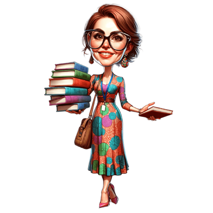 Female Teacher holding Books in Colorful Dress Caricature Drawing Portrait