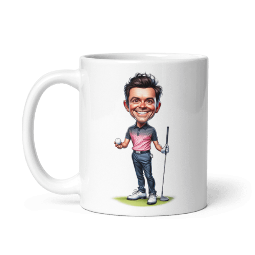 Golfer Caricature Drawing Printed on a 11oz Coffee Mug