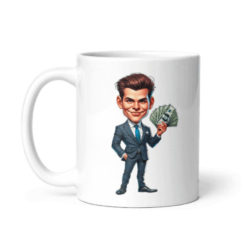 Boss in a Suit Holding Money - Caricature Drawing Portrait on Mug