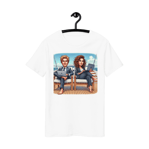 Personalized Business T-Shirt with Custom Caricature of Business Couple Working on Yacht