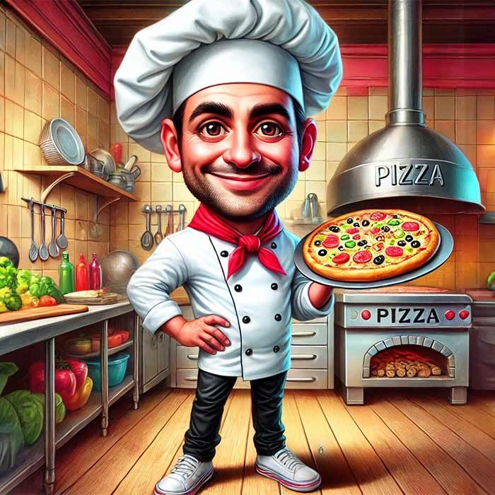 pizza master holding pizza in the kitchen