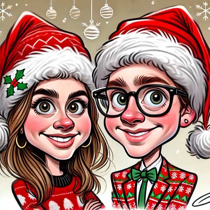 Caricature of a couple in festive Christmas sweaters and Santa hats, smiling together.