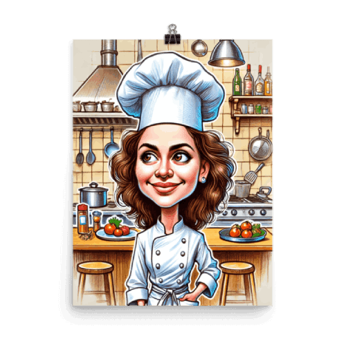 Young Woman Chef in Kitchen Caricature Poster