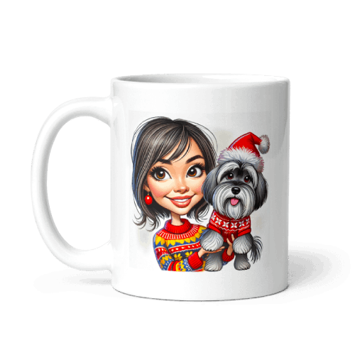 Christmas Caricature Mug of Young Girl and Dog