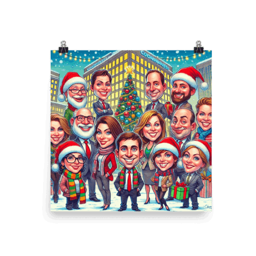 Wall Poster with Custom Made Group Christmas Caricature Drawing of Employees in front of a Company Building