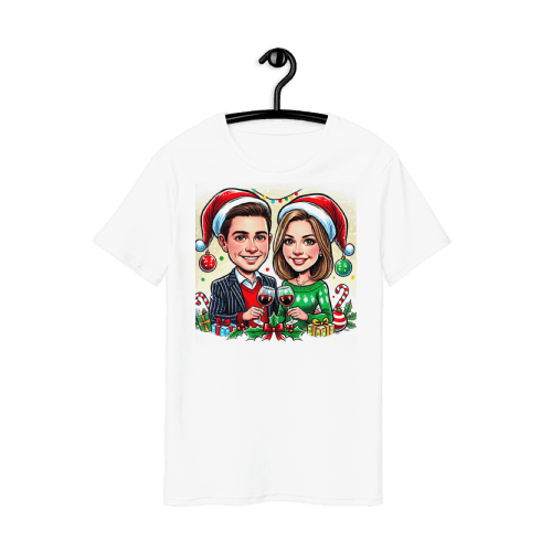 Christmas Couple Caricature Drawing Printed on a Personalized T-Shirt