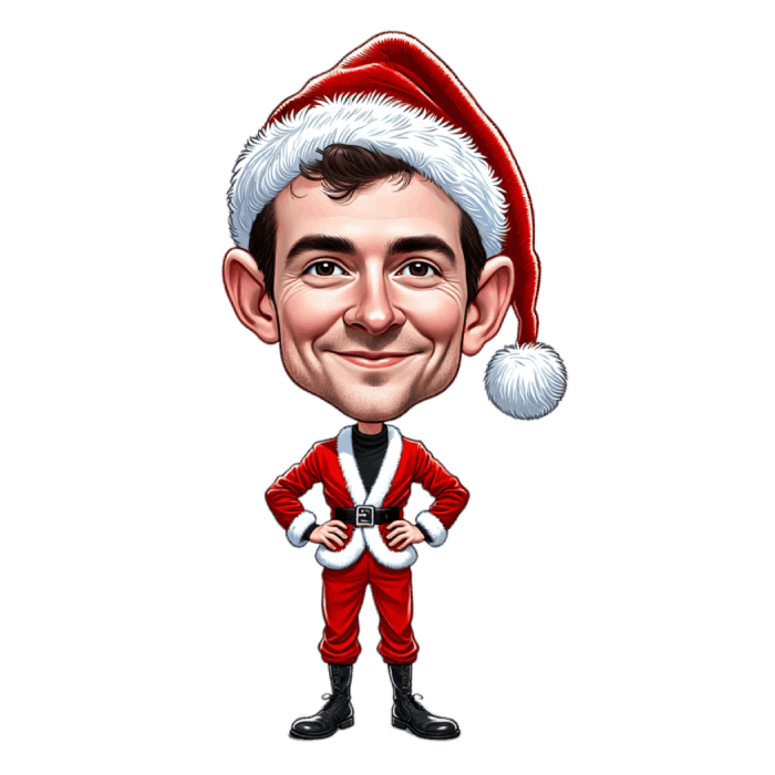 Funny Caricature Drawing of a Guy wearing Christmas Cap and Christmas Outfit