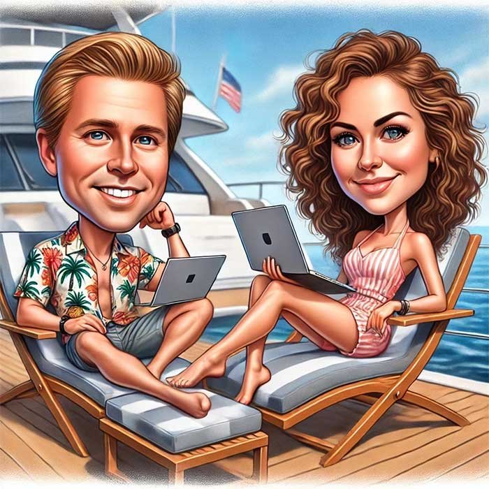 a man and a woman, both business professionals, working on laptops while enjoying a yacht.