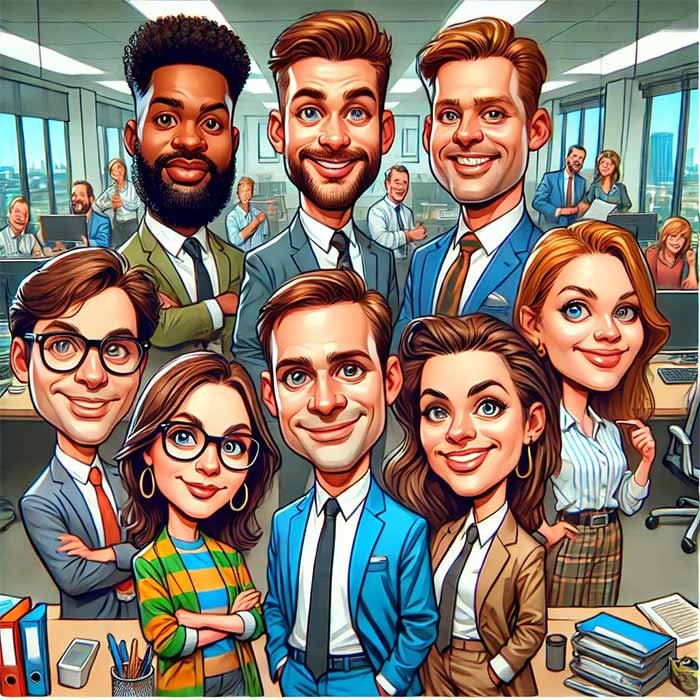 group of corporate caricatures, each with exaggerated features and distinct professional attire, set against a stylized office backdrop