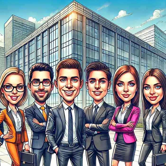 The caricature depicts businessmen with oversized heads standing confidently in front of a corporate building, exuding authority and success.