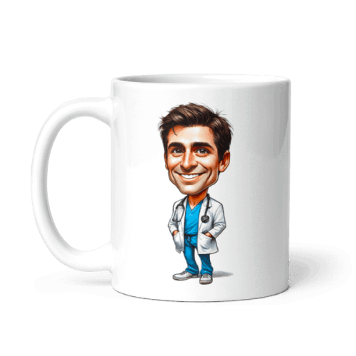 Personalized Caricature Drawing of Doctor in Doctor's Suit printed on a 11oz Coffee Mug