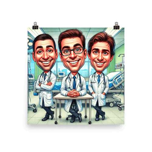 3 Doctors inside Hospital Caricature Drawing Poster