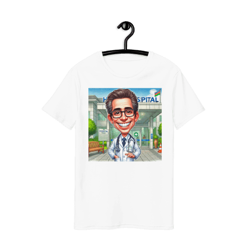 Doctor in front of a Hospital Caricature Drawing Printed on a T-Shirt