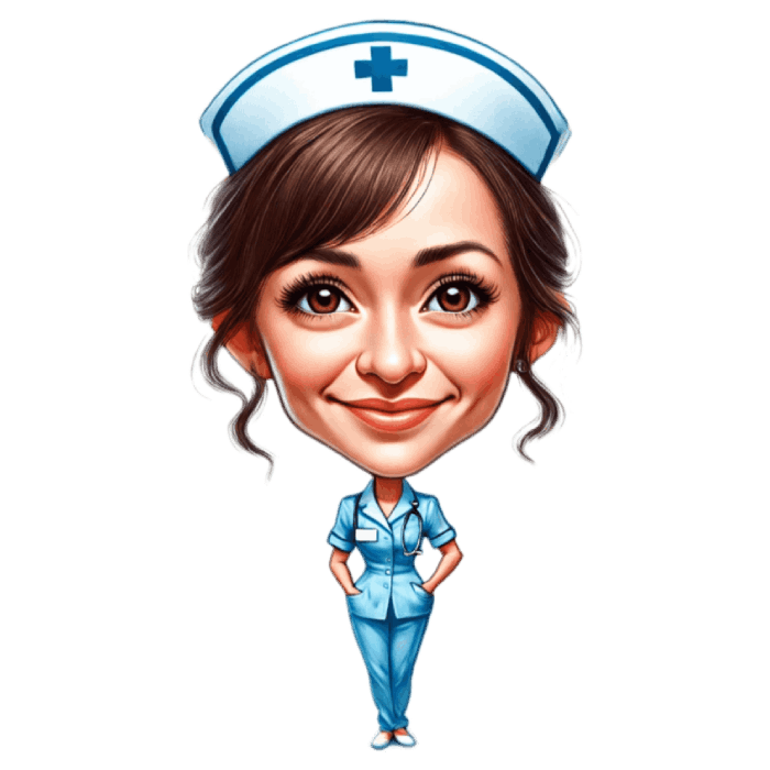 Caricature Drawing of a Nurse Wearing Blue Nurse Uniform while Posing