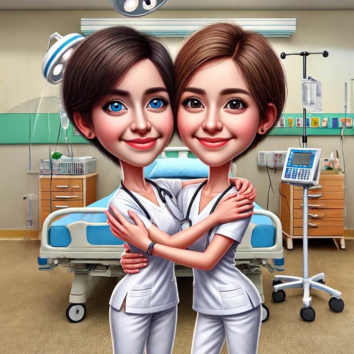 The image shows two nurse caricatures with oversized heads, warmly embracing each other in a hospital setting, both dressed in their uniforms.