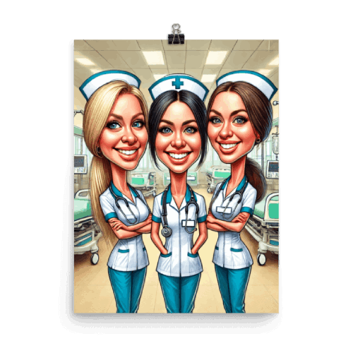 Caricature of 3 Nurses inside a Hospital Printed on a Wall Poster