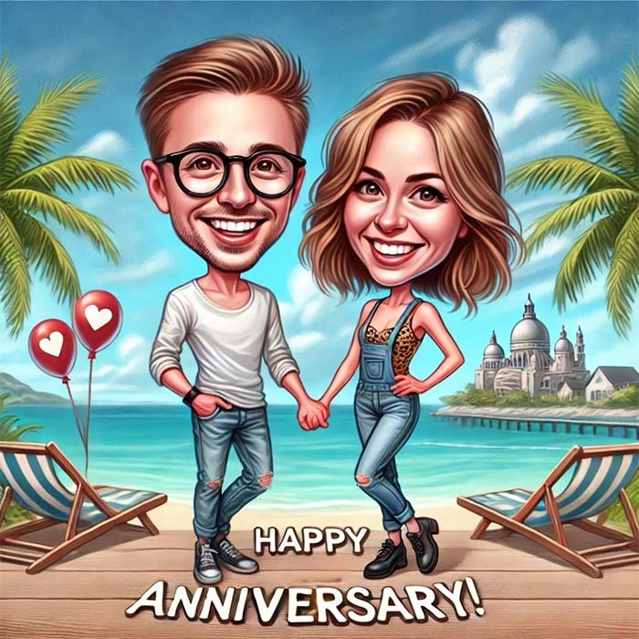 couple caricature celebrating anniversary on vacation, happy, holding hands.