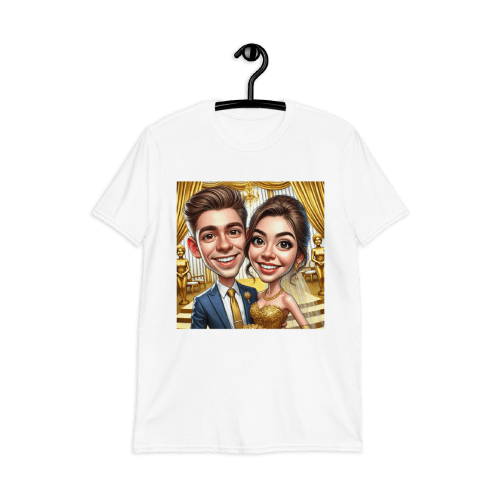 Anniversary Couple Caricature on a White Unisex T-Shirt