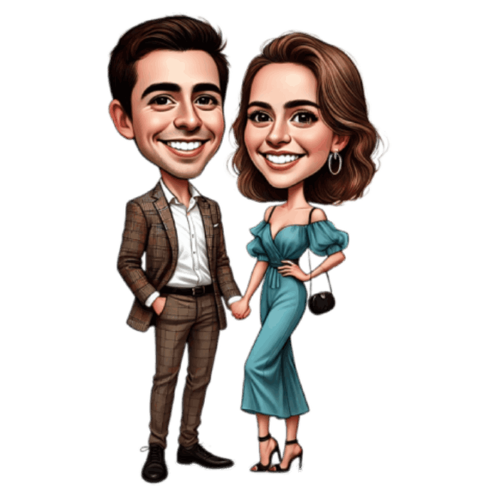 Anniversary Couple in Suit and Elegant Dress - Caricature Drawing