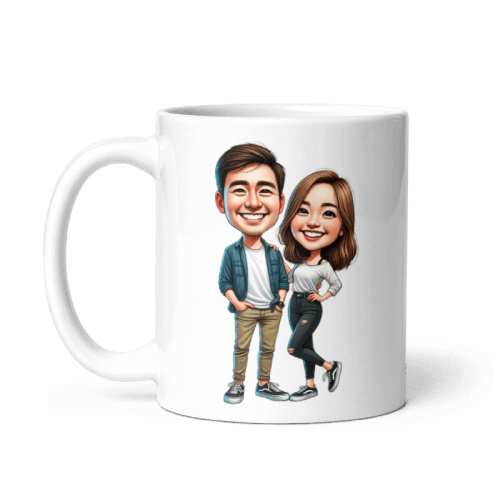 Young Asian Couple Caricature Drawing Printed on a Coffee Mug