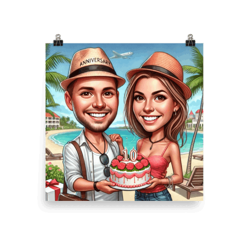 Young Couple with Hats Holding an Anniversary Cake Caricature Poster