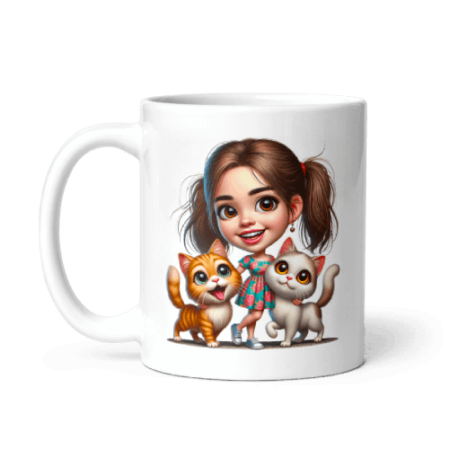 Caricature of Little Girl with Two Cats on Personalized Mug