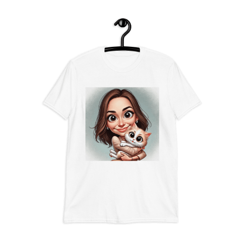 Illustration of Girl Hugging Her CYellow-White Cat - Caricature T-Shirt