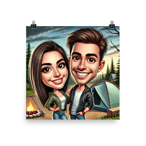 Young Couple Camping in the Forest Caricature Drawing Poster