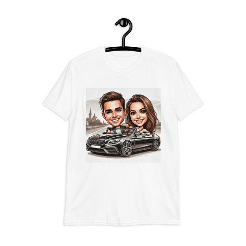 Young Couple Driving Black Luxury Car Caricature T-Shirt