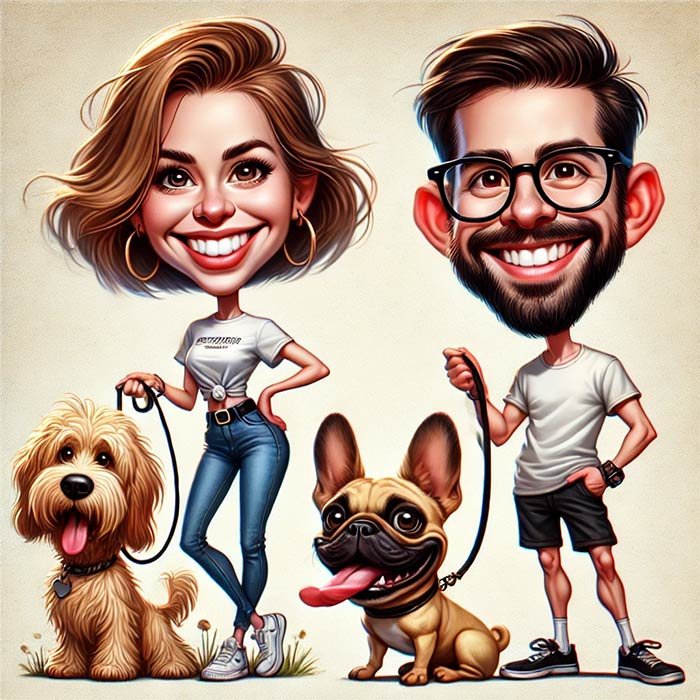 The caricature features a couple standing together with two dogs, showcasing their joyful bond.